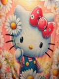 A colorful Hello Kitty themed plush blanket featuring a large Hello Kitty face, red bow, floral daisy details, and a pink background.