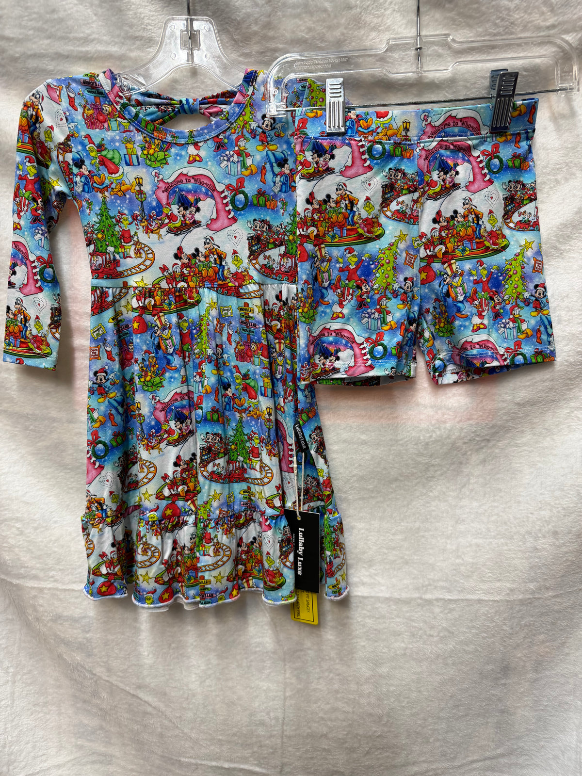 Mickey Grinch Christmas scene print twirl dress with bow back