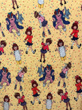 Book character Junie B Jones in colorful outfits scattered across a pale yellow background with small multicolored dots.